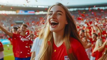 Elated Blonde Female Fan Cheers Passionately as Her Soccer Team Scores and Wins the Championship Game,Celebrating with Confetti in the Stadium Crowd photo