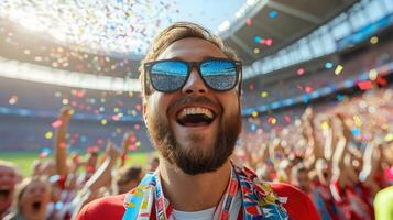 Energetic Caucasian Male Fan Cheers Excitedly,Celebrating his Team's Soccer Championship Victory with a Crowd of Passionate Spectators in a Stadium Setting Filled with Confetti and Atmosphere. photo