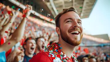 Elated Caucasian Male Soccer Fan Cheers,Screams,and Celebrates his Team's Championship Goal with Thrown Confetti in a Packed Stadium During an Exciting Match photo