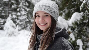 Smiling Young Woman Enjoying Snowy Winter Scenery in the Forest photo