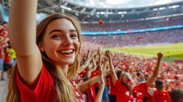 Enthusiastic female soccer fan dressed in red cheering and celebrating her team's victory with raised arms and joyful expression during a championship match at a crowded stadium. photo