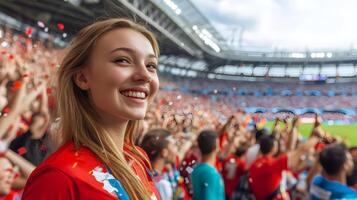Energetic Blond Woman Cheering and Celebrating with Excitement as Her Favorite Soccer Team Scores a Goal and Wins the Championship Match in a Packed Stadium Filled with Ecstatic Fans and Confetti photo
