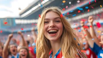 Portrait of an ecstatic blonde female soccer fan cheering and celebrating with joy as her team scores a goal during an intense championship match. photo
