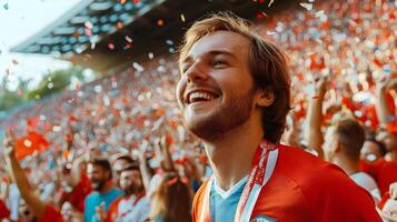 Excited Caucasian Male Fan Cheering Passionately for His Soccer Team's Victory with a Crowd of Fans at a Packed Stadium During a Championship Match photo