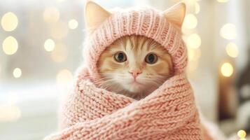 Adorable Ginger Kitten Wearing Knitted Hat and Scarf Snuggled in Cozy Warmth photo
