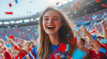 Overjoyed Blonde Female Soccer Fan Ecstatically Cheering and Celebrating Her Team's Victory with Confetti at a Packed Stadium During an Exciting Championship Match photo