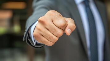 Determined Businessman Raising Fist in Aggressive Confrontation photo