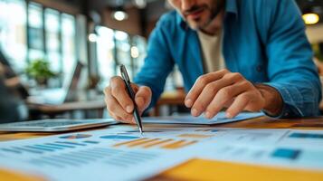 Businessman Analyzing Financial Data and Charts on Desk in Office photo