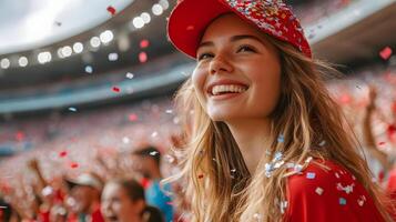 Enthusiastic Caucasian Young Woman Fan Cheering and Celebrating with Confetti as Her Soccer Team Scores a Goal and Wins the Championship Game in a Large Sports Stadium Filled with Excited Spectators photo