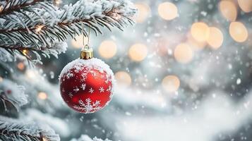 Sparkling Red Christmas Ball Ornament Hanging on Snow Covered Fir Tree Branch with Bokeh Lights photo
