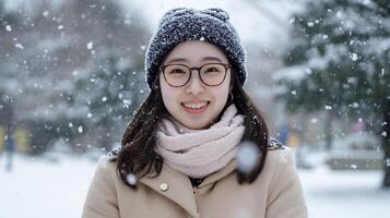 Cheerful Woman Embracing Winter Wonderland with Warm Smile and Cozy Attire photo