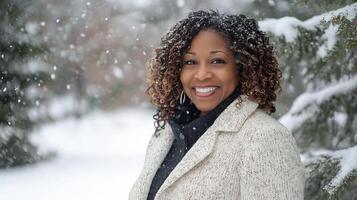 Cheerful woman embraces winter wonderland with joyful smile photo