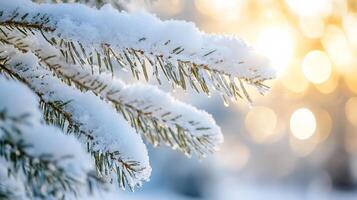 Snowy Pine Branches with Sparkling Bokeh in Winter Landscape photo