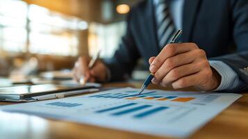 Businessman Analyzing Financial Data and Reports on Desk for Corporate Decision-Making photo