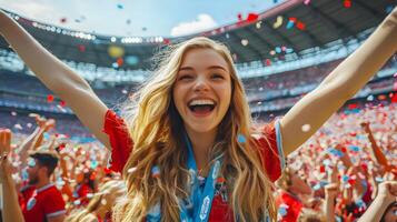 Portrait of an Ecstatic Caucasian Young Female Fan Cheering and Celebrating a Goal Scored by Her Team During an Intense Soccer Championship Match in a Lively Stadium Environment with a Jubilant Crowd photo