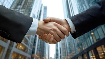 Businessmen Shaking Hands in Front of Skyscraper Buildings Concept for Partnership Agreement photo