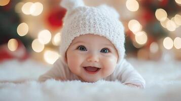 Delightful Baby Girl in Winter Wonderland with Festive Lights and photo