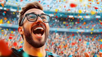 Excited Caucasian Male Fan Cheers and Celebrates Team's Victory with Crowd During Intense Soccer Championship Match,Stadium Filled with Confetti and Enthusiasm photo