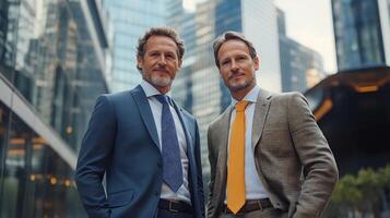 Two Confident Business Professionals Shake Hands in Formal Attire at Corporate Office photo
