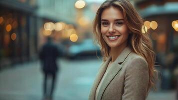 Smiling Young Woman Walking on Sidewalk in Sunlit Urban City Street photo