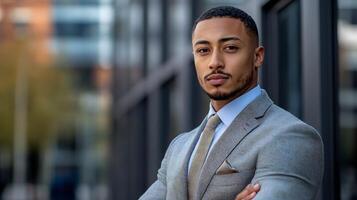 Confident Businessman in Suit Standing in Front of Skyscrapers photo