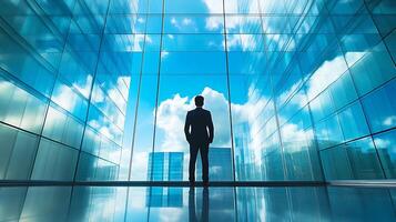 Silhouetted Businessman Stands in Modern Glass Building Reflecting Sky photo