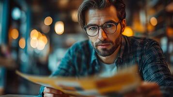 Thoughtful Bearded Man Gazing in Cozy Urban Cafe at Night photo
