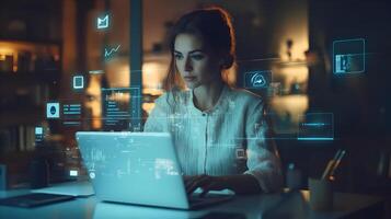Stylish Caucasian Female Project Manager Works Diligently on Laptop,Surrounded by Virtual Social Media and Connectivity Icons in a Modern,High-Tech Office Environment photo