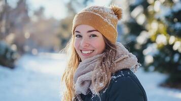 Joyful Woman Enjoying Winter Wonderland Outdoors in Warm Clothing photo