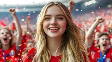 Euphoric Caucasian Female Fan Cheers and Celebrates with Arms Raised as Her Favorite Soccer Team Scores a Goal and Wins the Championship Match in a Packed Stadium photo