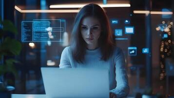 Portrait of stylish Caucasian female project manager working intently on laptop computer in a modern,high-tech office setting surrounded by virtual social media icons and connectivity indicators. photo