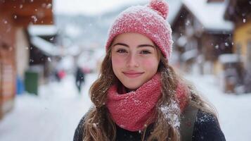 Young woman bundled up in winter enjoying a festive snowy city street photo