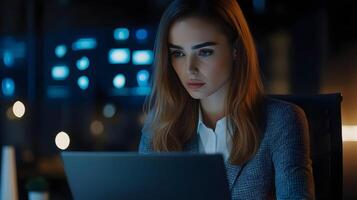 Portrait of a focused and stylish Caucasian female project manager working diligently on her laptop in a modern office setting,surrounded by virtual social media and connectivity icons. photo