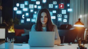 Stylish Caucasian Female Project Manager Works on Laptop in Contemporary Office Setting Surrounded by Virtual Social Media and Connectivity Icons. photo