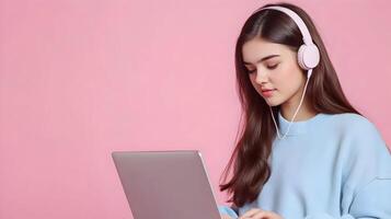 Portrait of a Focused Young Female Student Deeply Engaged in Academic Research,Utilizing Laptop and Headphones to Enhance Her and Productivity in Her Workspace. photo