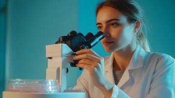 Portrait of a female scientist wearing a white lab coat,intently using a microscope to analyze a sample in a petri dish. This image represents the fields of medicine development. photo
