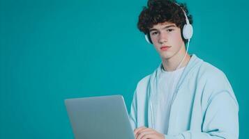 Portrait of a Focused and Determined Young Male Student Deeply Engaged in Academic Research,Using a Laptop and Wearing Headphones Against a Vibrant Color Background photo