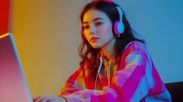 Portrait of a Focused and Concentrated Young Female Student Deeply Engaged in Academic Research and Study Using a Laptop and Headphones on a Colorful Background photo