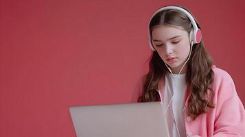Portrait of a Concentrated Young Female Student Engaged in Academic Research,Using Laptop and Headphones on a Vibrant Color Background. The Image Depicts a Focused. photo
