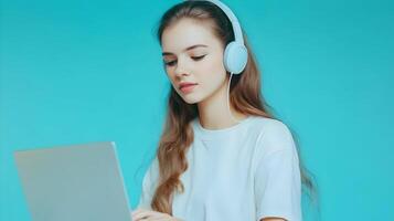 Portrait of a Focused and Determined Young Female Student Deeply Engaged in Academic Research Using a Laptop and Headphones on a Vibrant Blue Background. photo