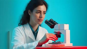 Portrait of a focused female scientist in a laboratory workspace,carefully examining a petri dish sample under a microscope as part of her medical or biotechnology research and development efforts. photo