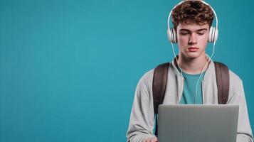 Portrait of a Focused and Determined Young Male Student Deeply Engaged in Academic Research Using a Laptop and Headphones on a Vibrant Colorful Background. photo