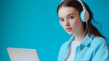 Focused Young Female Student Engaged in Academic Research with Laptop and Headphones on Color Background. Portrait of Concentrated Woman Studying and Working Diligently in Professional Office Setting. photo