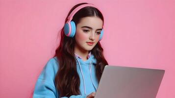 Concentrated Young Female Student Engaged in Academic Research With Laptop and Headphones on Colorful Background,Portrait of Dedicated Learner Focused on Studying and Productivity photo