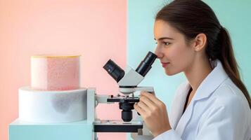 Portrait of a female scientist using a microscope to analyze a sample in a medical research laboratory. The scientist is examining a petri dish. photo