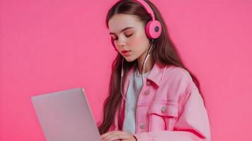 Portrait of a Focused and Determined Young Female Student Deeply Engaged in Academic Research and Digital Study,Using a Laptop and Headphones on a Vibrant Pink Background photo