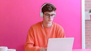 Portrait of a focused young male student intensely engaged in academic research,using a laptop and wearing headphones against a vibrant pink background. He appears dedicated,studious. photo
