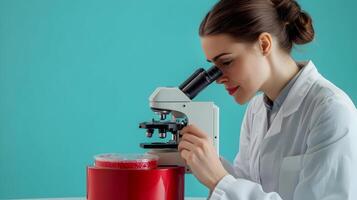 Portrait of a focused female scientist using a microscope to analyze a sample in a petri dish,conducting medical research and biotechnology development work in a laboratory setting. photo