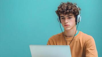 Concentrated Young Male Student Engaged in Academic Research With Laptop and Headphones on Colorful Background. Portrait of a Focused and Determined Scholar Immersed in Intellectual Pursuits. photo
