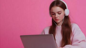 Portrait of a Concentrated Young Female Student Deeply Engaged in Academic Research,Using Laptop Computer and Headphones on a Vibrant Pink Background. The Image Conveys a Sense of Dedication,Focus. photo